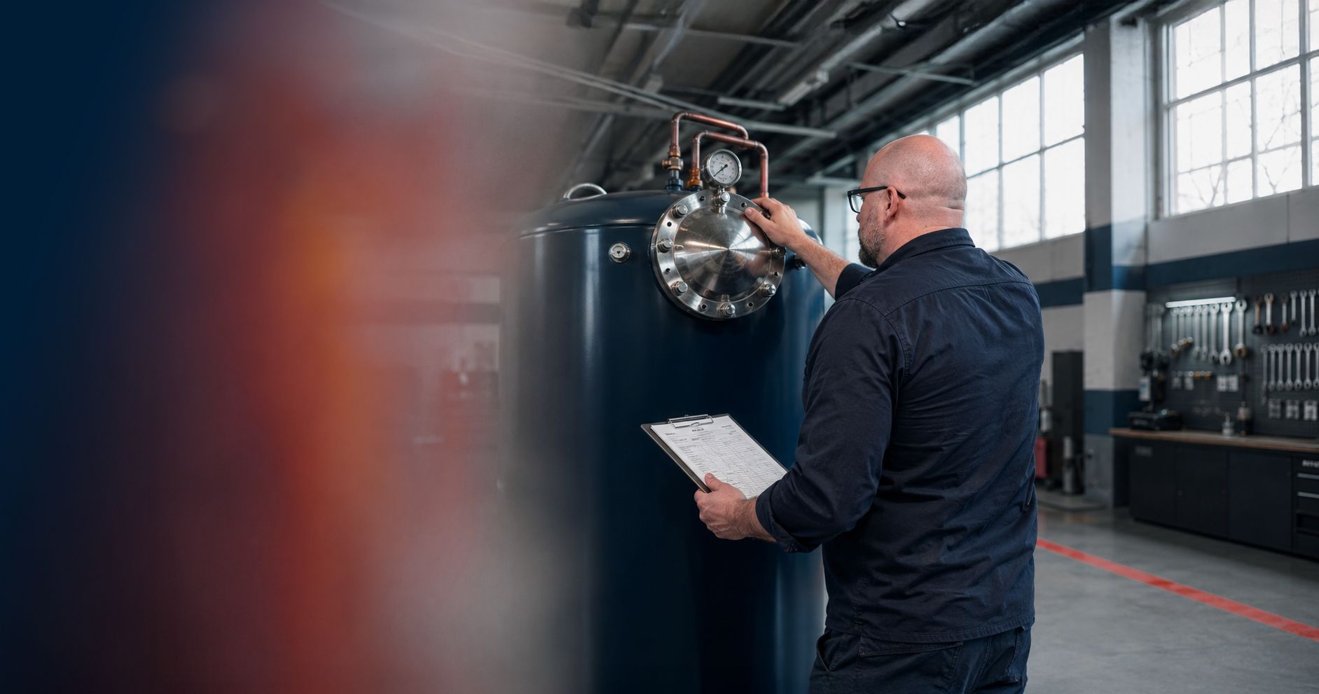 Danijel Pejic, Inhaber A&O Tec GmbH, bei der Tank-Inspektion in der Service-Halle