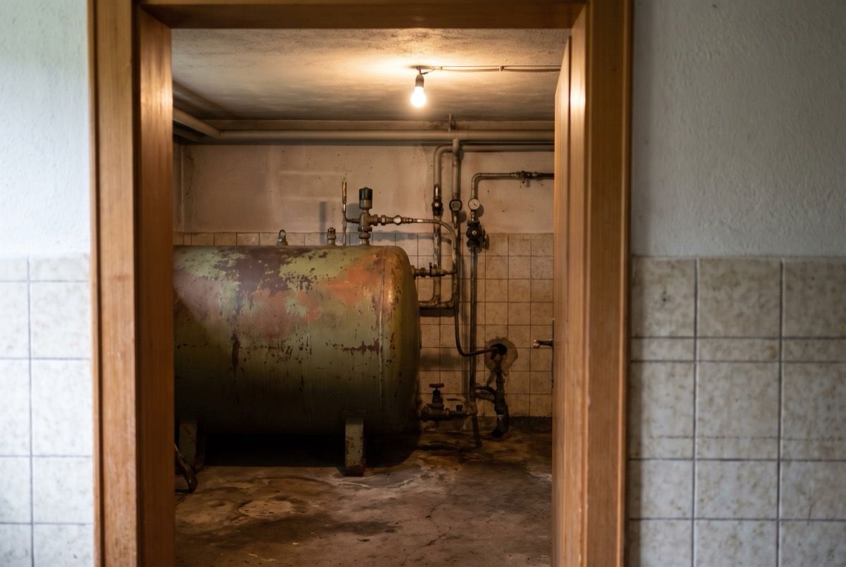 Älterer Heizöltank mit Rohrleitungen im Keller eines Einfamilienhauses