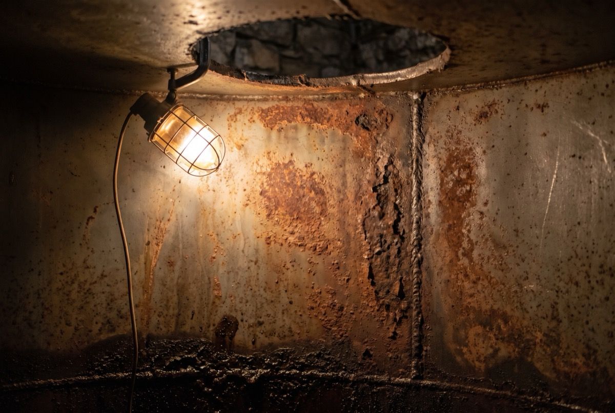 Korrosionsstellen an der Innenwand eines Heizöltanks vor dem Strahlen