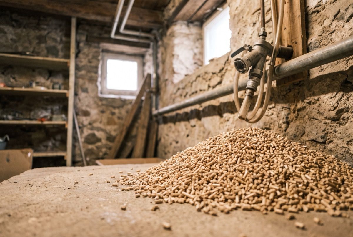 Holzpellets in einem umgebauten Tankraum, darüber die Befüllkupplung an der Wand